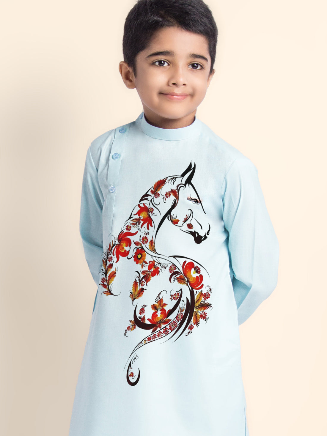 Boys' Sky Blue Cotton Kurta & Pyjama Set – Printed