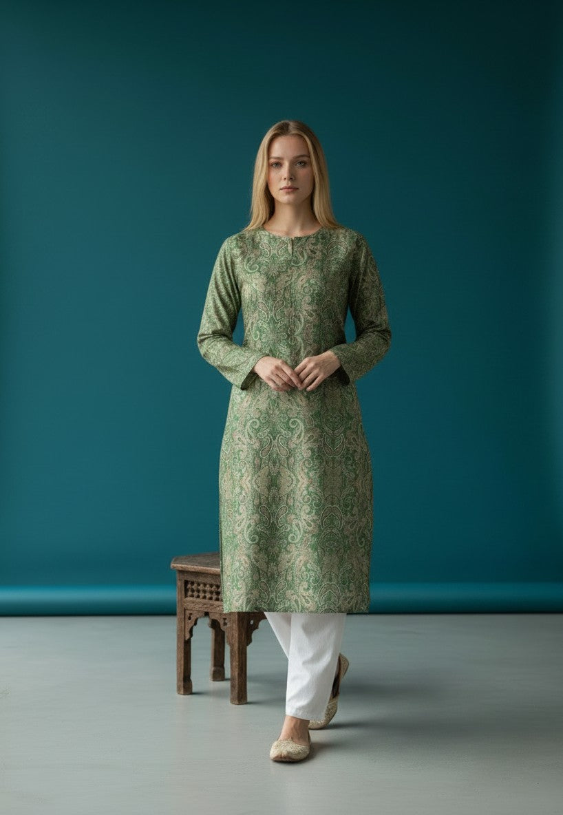 Women's Green Art Silk Kurti Set – Printed