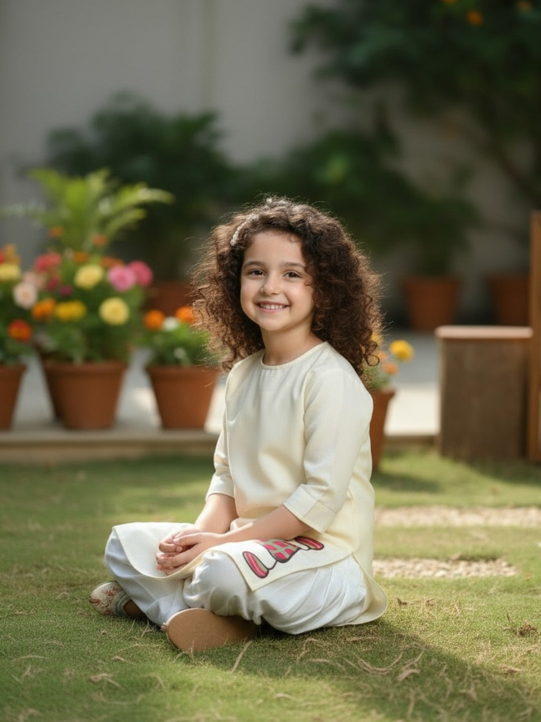 Girls' Beige Cotton Kurti Set – Ethnic Print