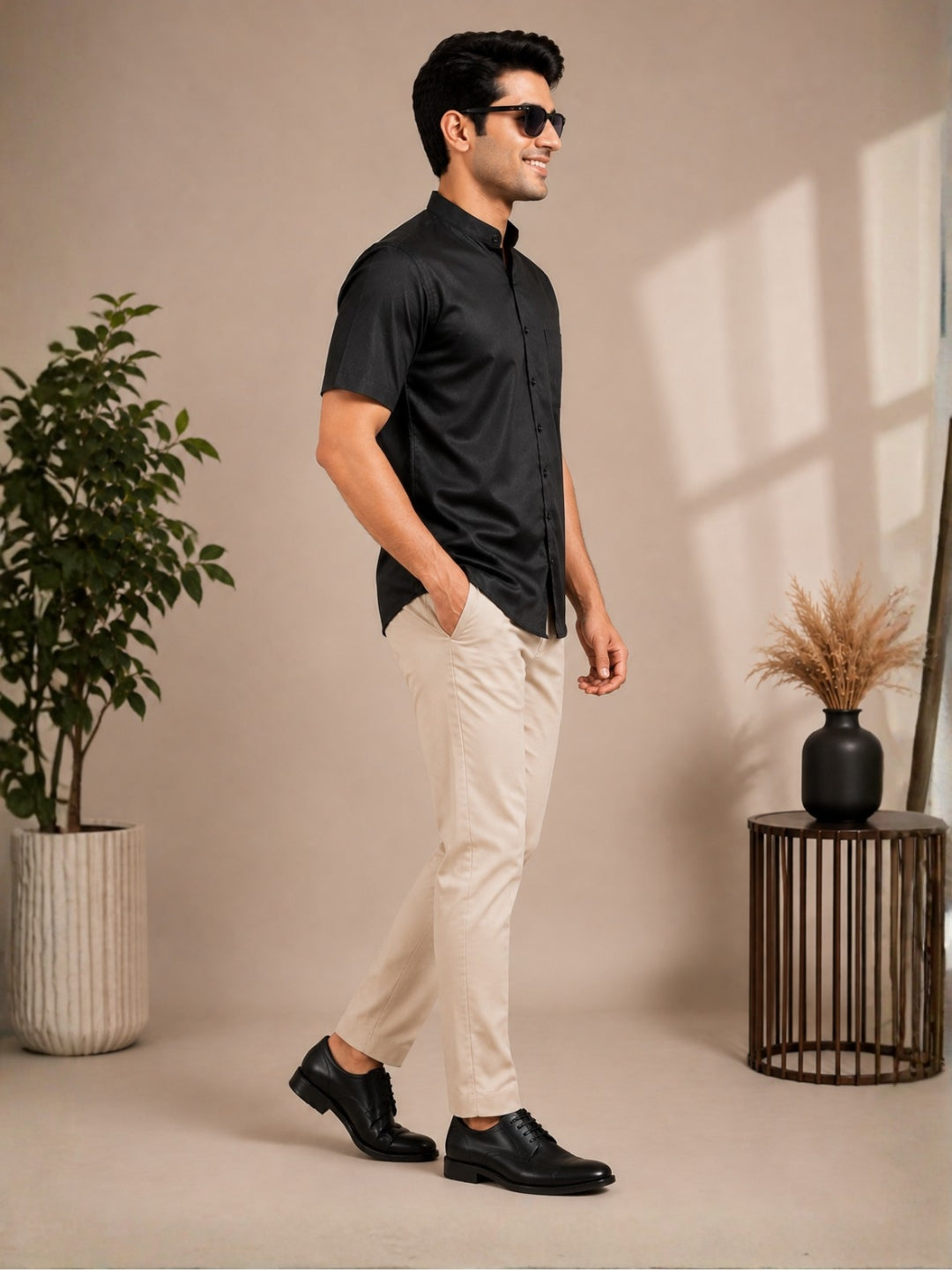 Men's Black Cotton Shirt – Mandarin Collar