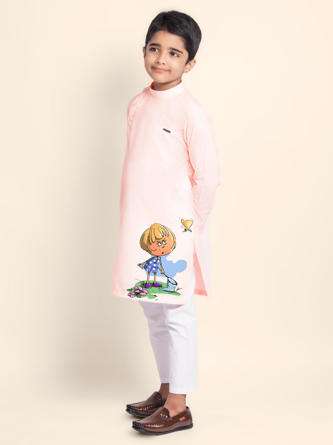 Boys' Pink Cotton Kurta & Pyjama Set – Printed
