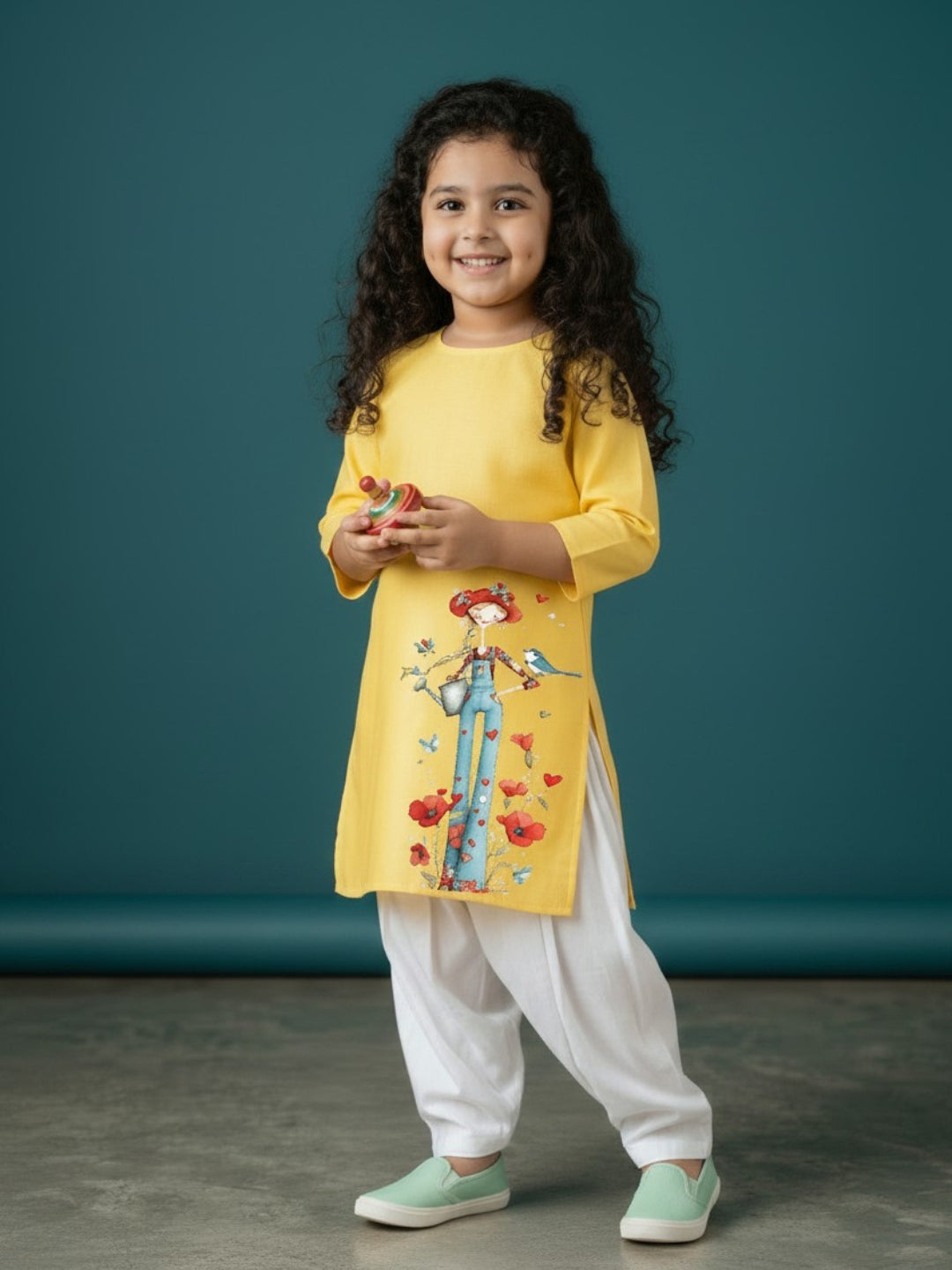 Girls' Yellow Cotton Kurti Set – Ethnic Print
