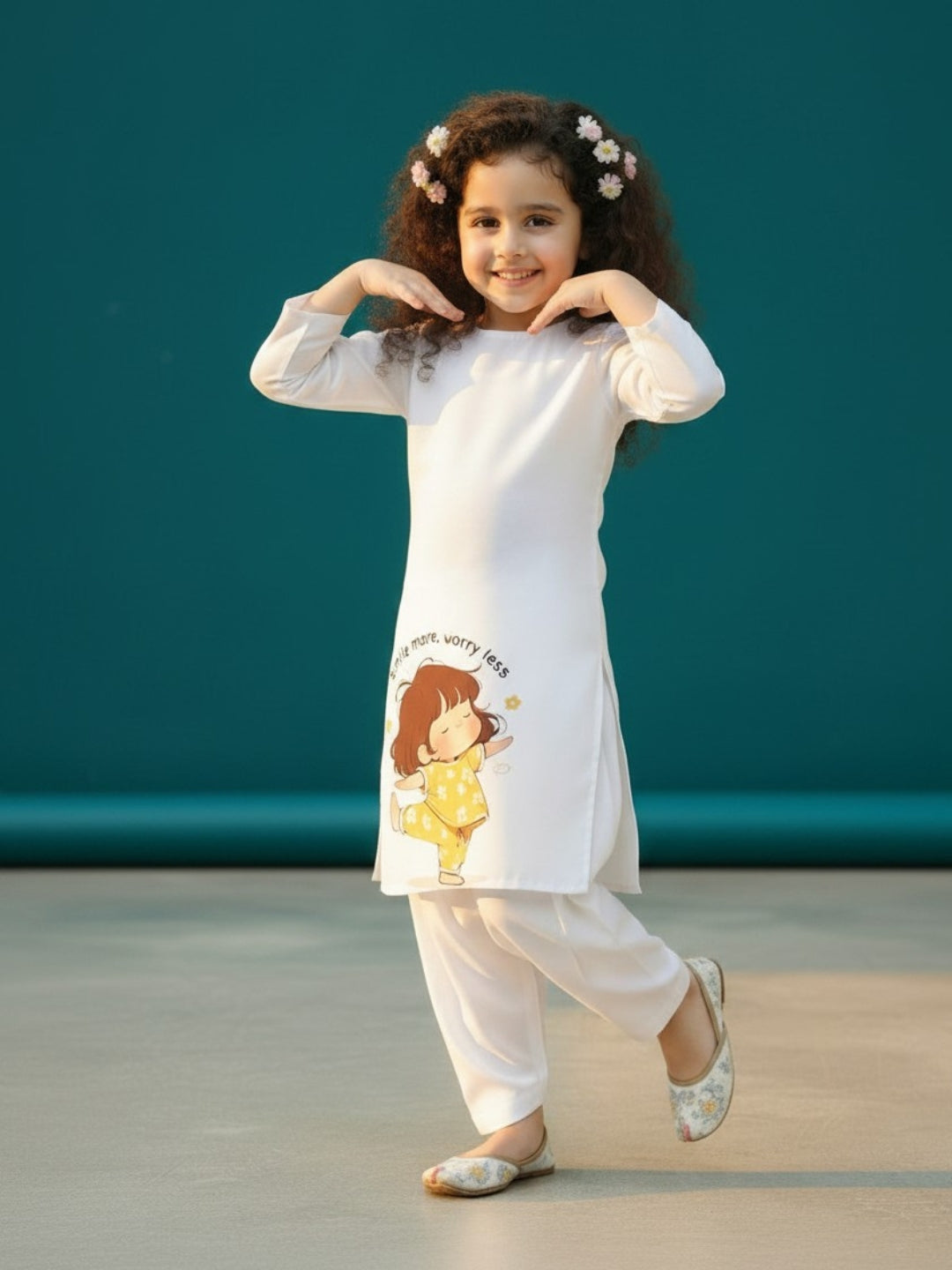 Girls' White Cotton Kurti Set – Ethnic Print