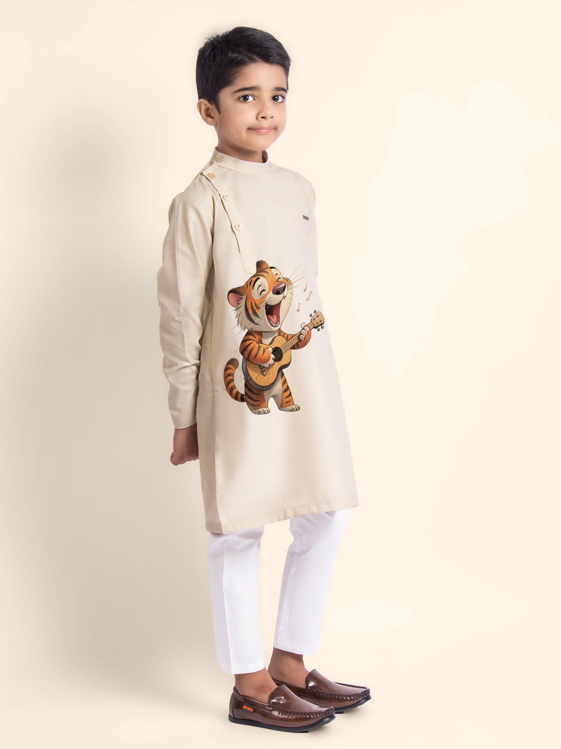 Boys' Beige Cotton Kurta Set – Printed