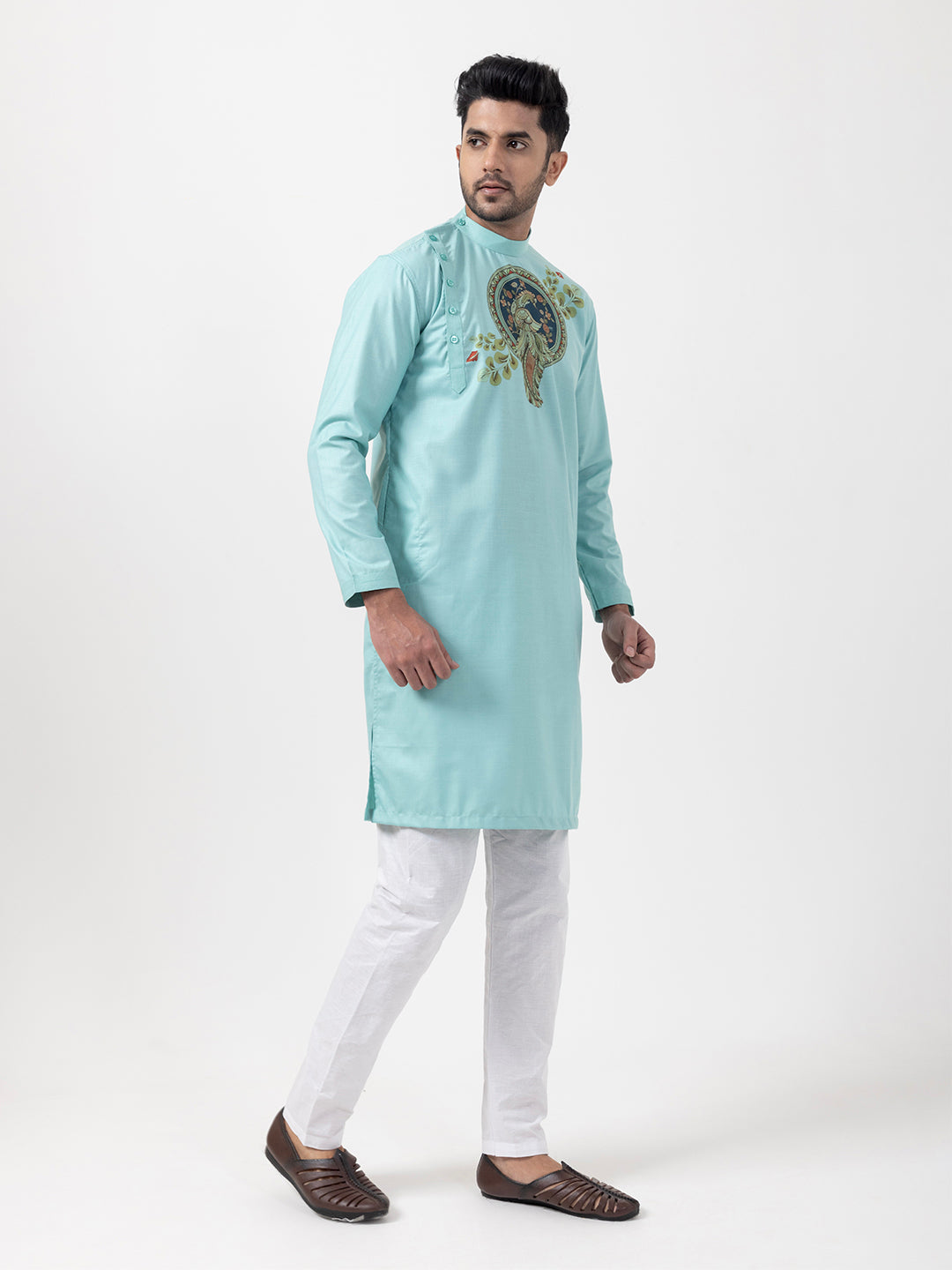 Men's Green Cotton Kurta Set – Ethnic Print & Side Placket