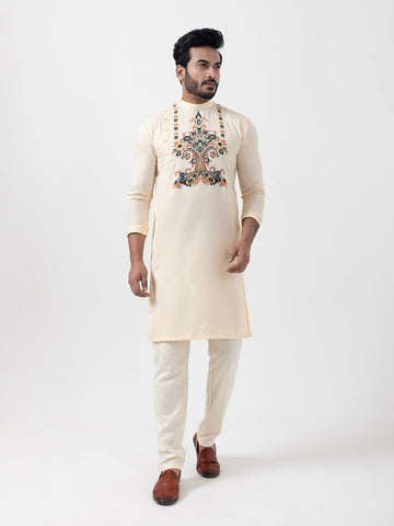 Men's Beige Cotton Kurta Set – Ethnic Print & Side Placket