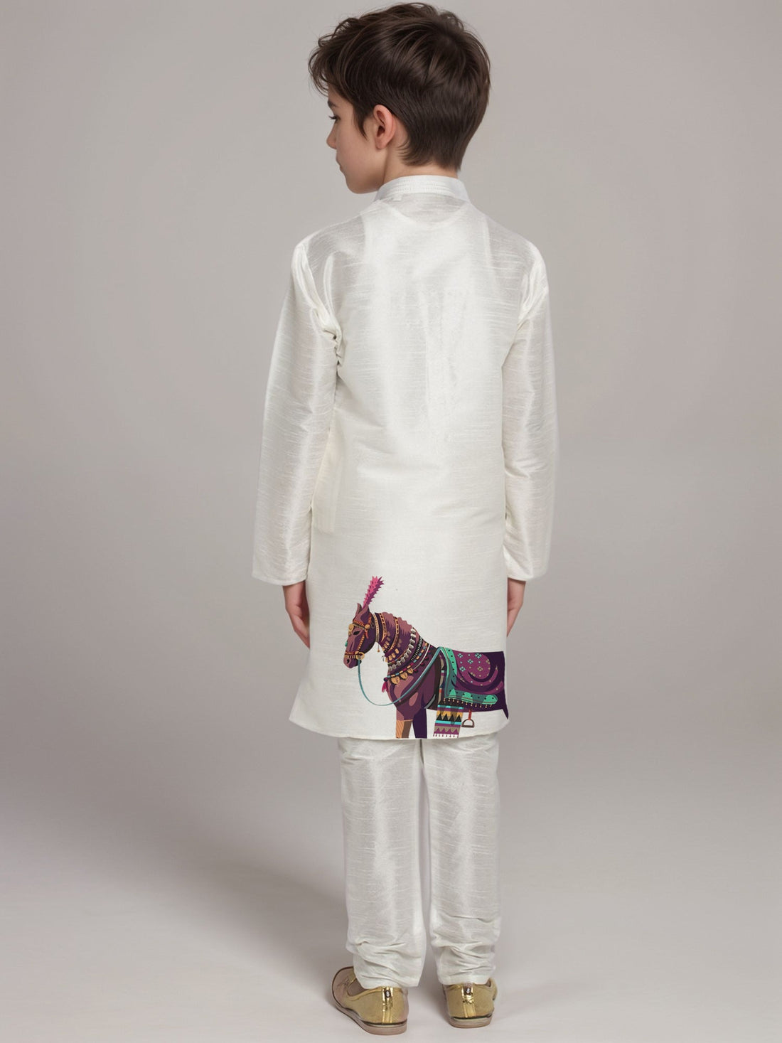 Boys' White Dupion Kurta & Pyjama Set – Printed