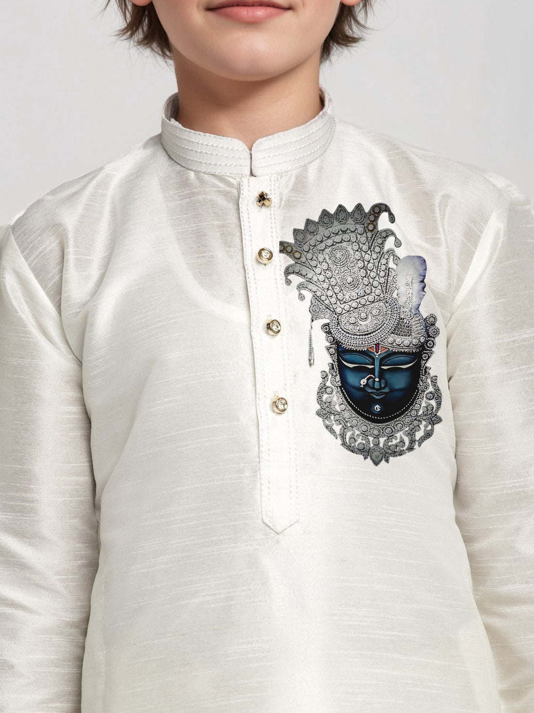 Boys' White Dupion Kurta & Pyjama Set – Printed