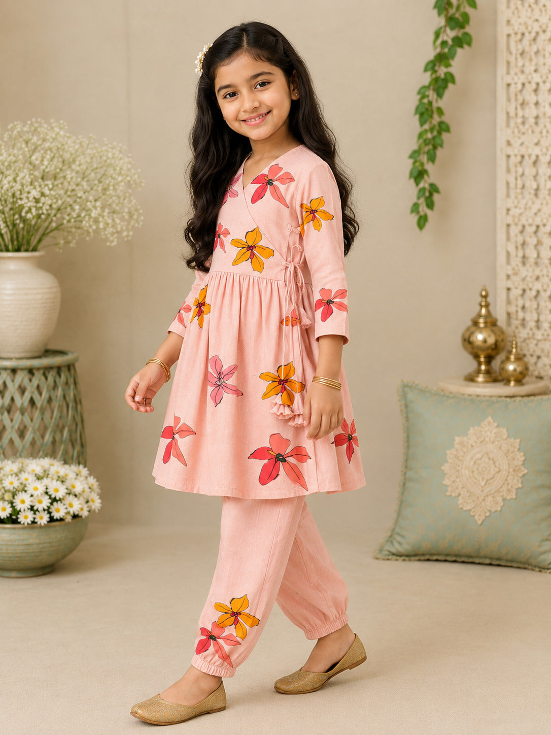 Girls' Peach Cotton Kurti Set – Printed
