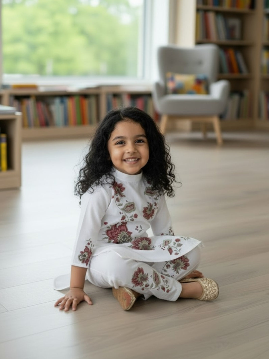 Girls' White Cotton Kurti Set – Ethnic Print