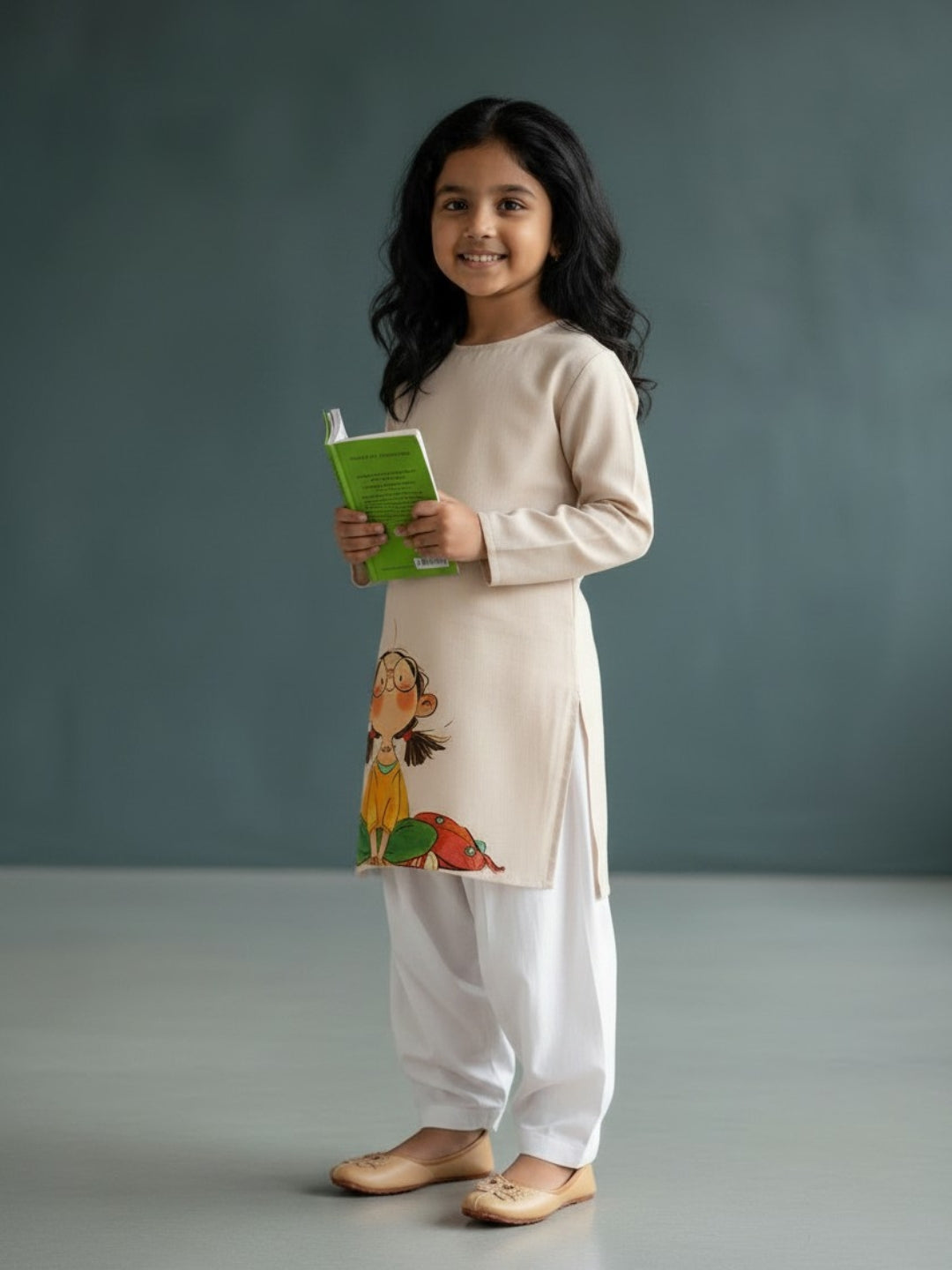 Girls' Beige Cotton Kurti Set – Ethnic Print