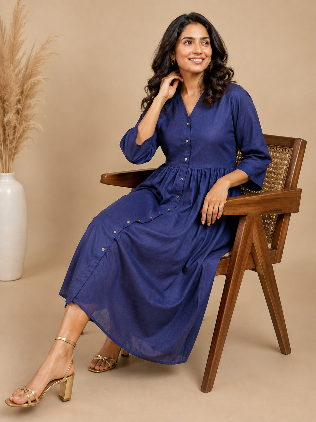 Women's Navy Blue Cotton Linen Midi Dress – Button-Front V-Neck