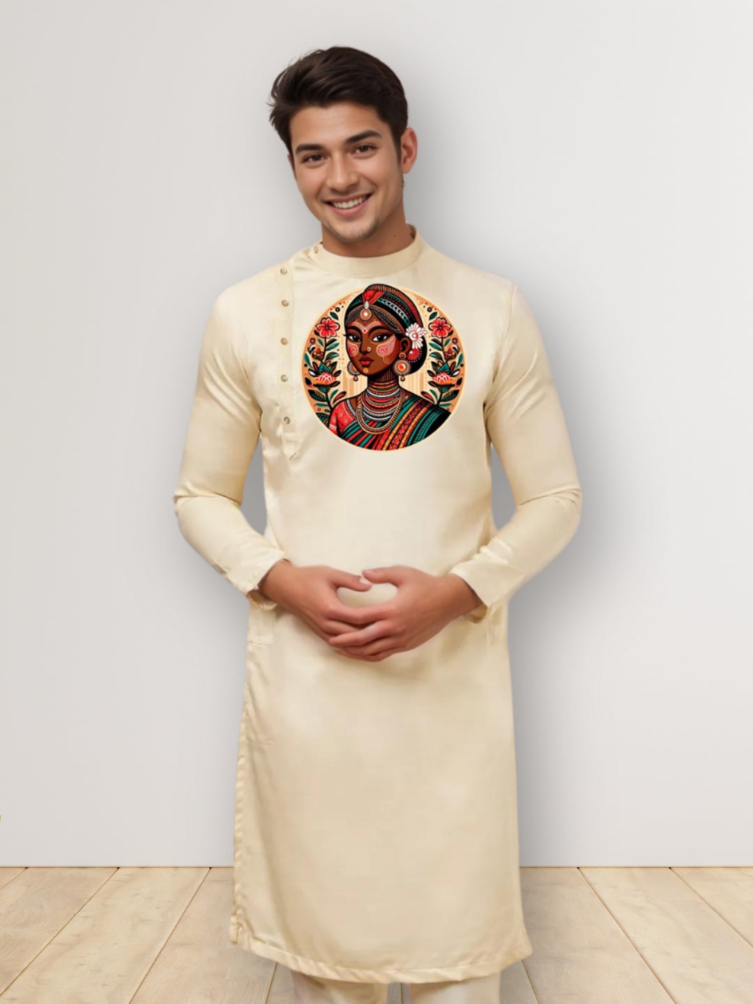 Men's Beige Cotton Kurta Set – Ethnic Print & Side Placket