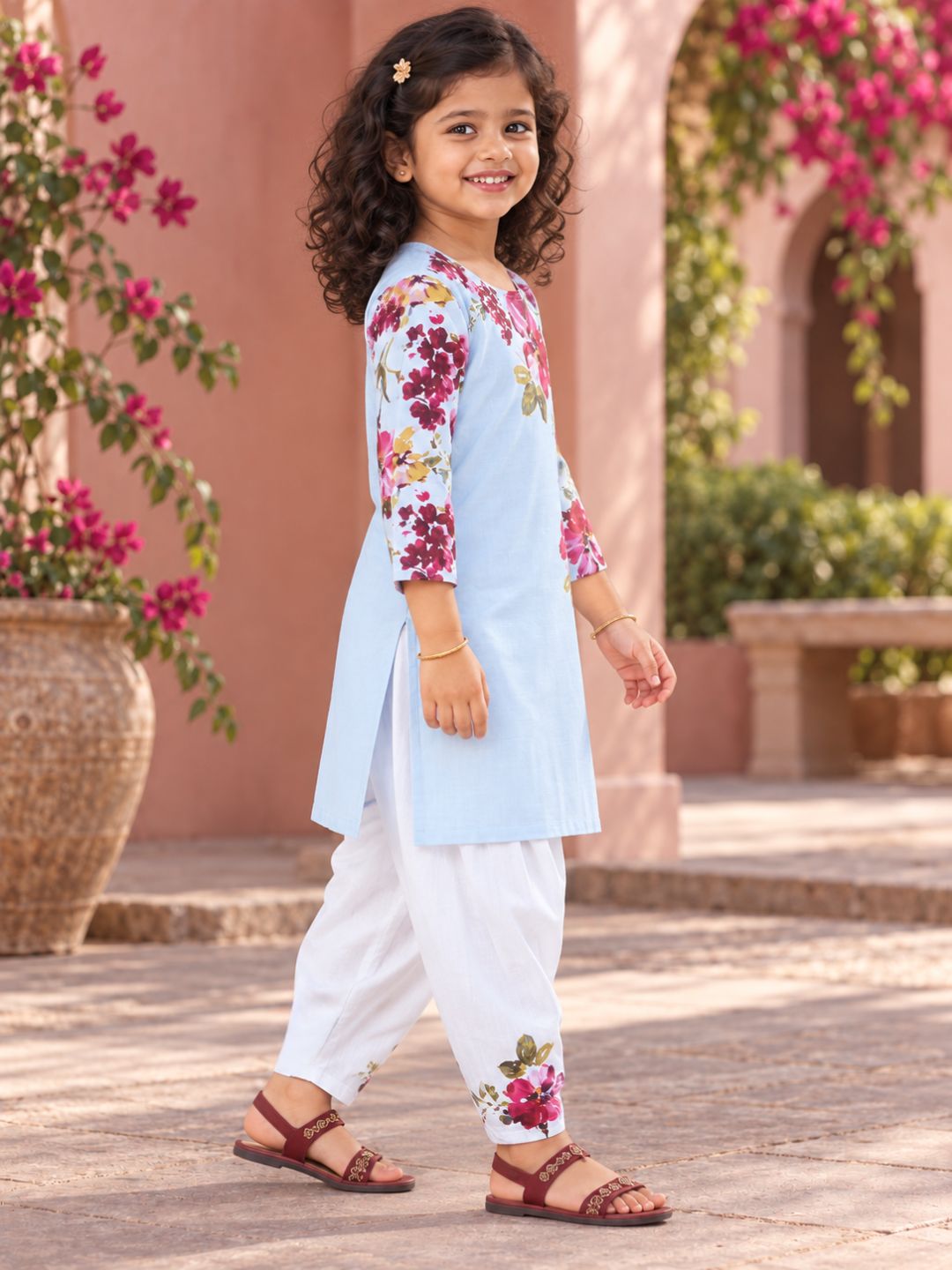 Girls' Sky Blue Cotton Kurti Set – Ethnic Print