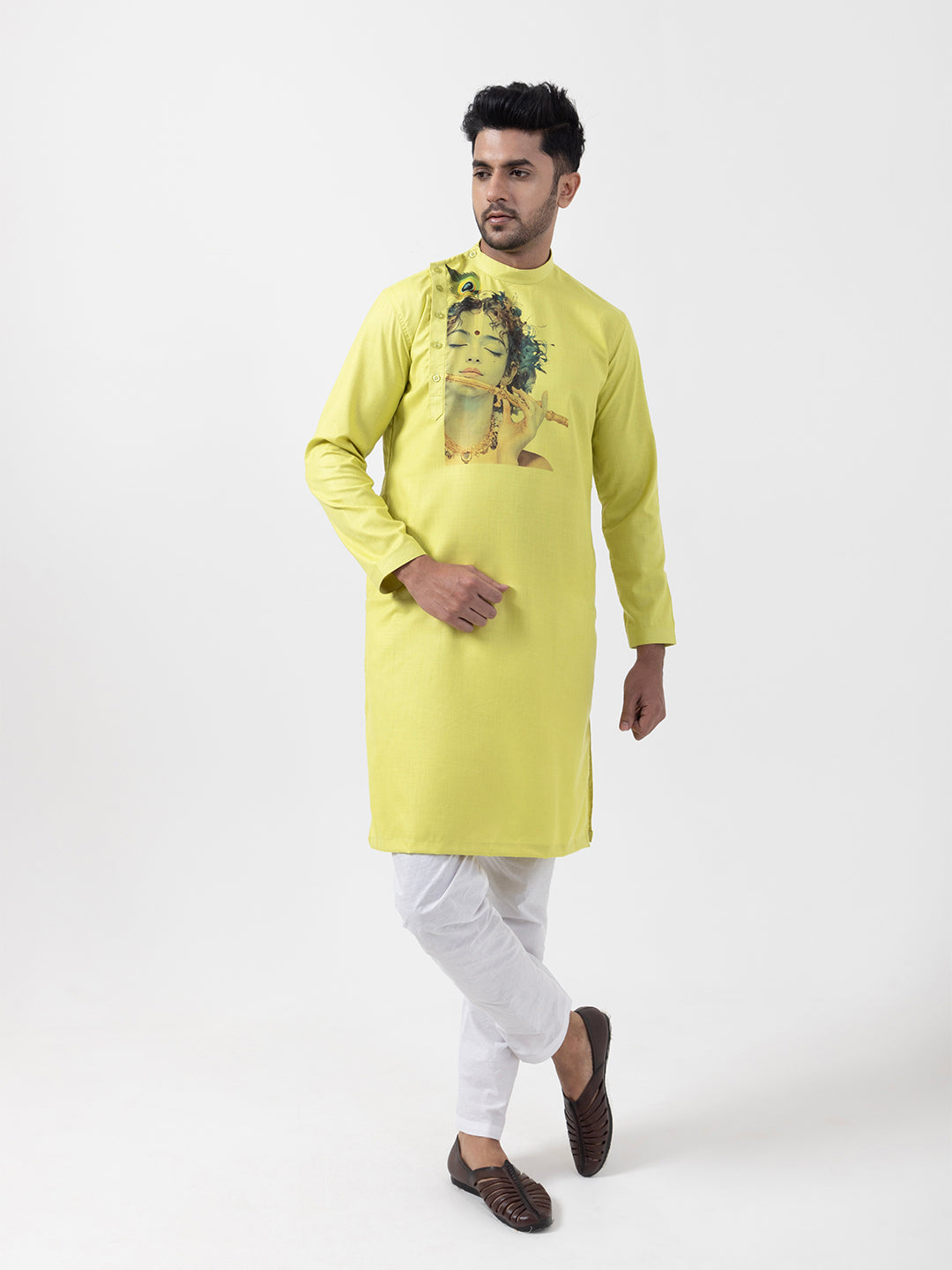 Men's Green Cotton Kurta Set – Lord Krishna Print & Side Placket