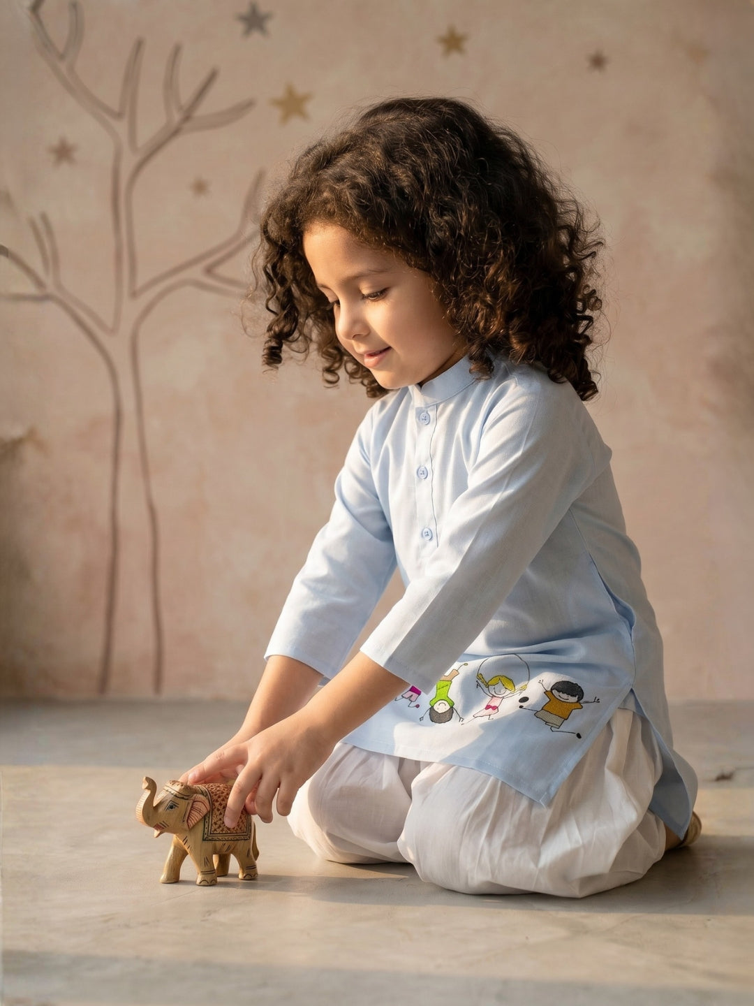 Girls' Sky Blue Cotton Kurti Set – Ethnic Print