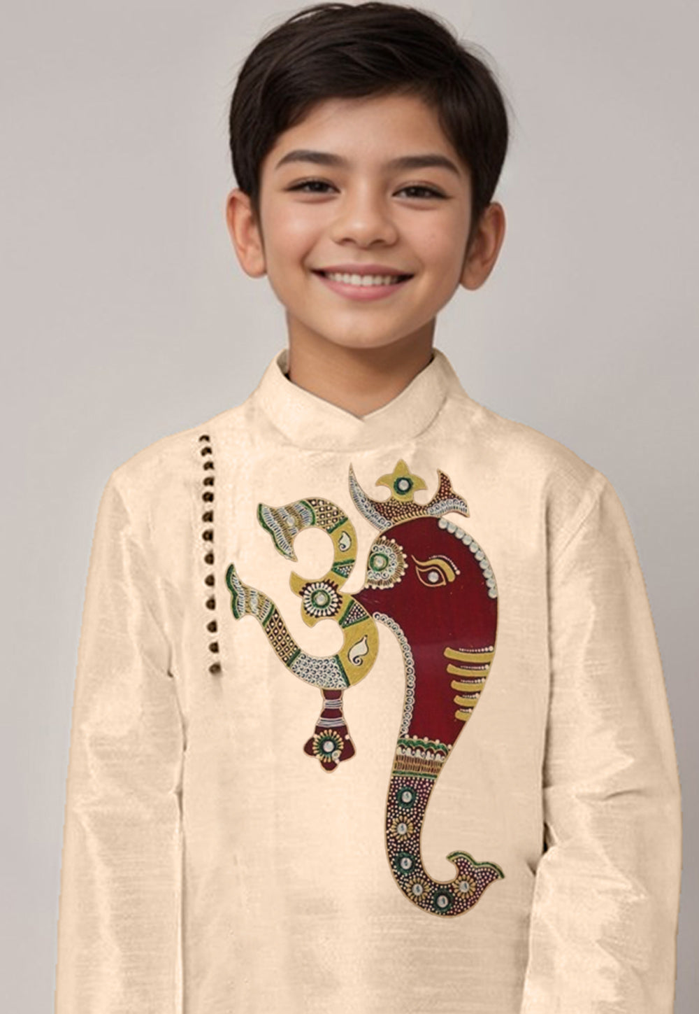 Boys' Beige Dupion Silk Kurta & Dhoti Set – Floral Print