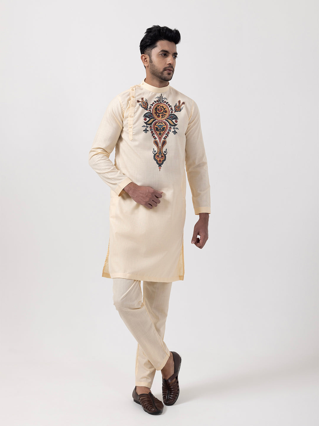 Men's Beige Cotton Kurta Set – Ethnic Print & Side Placket