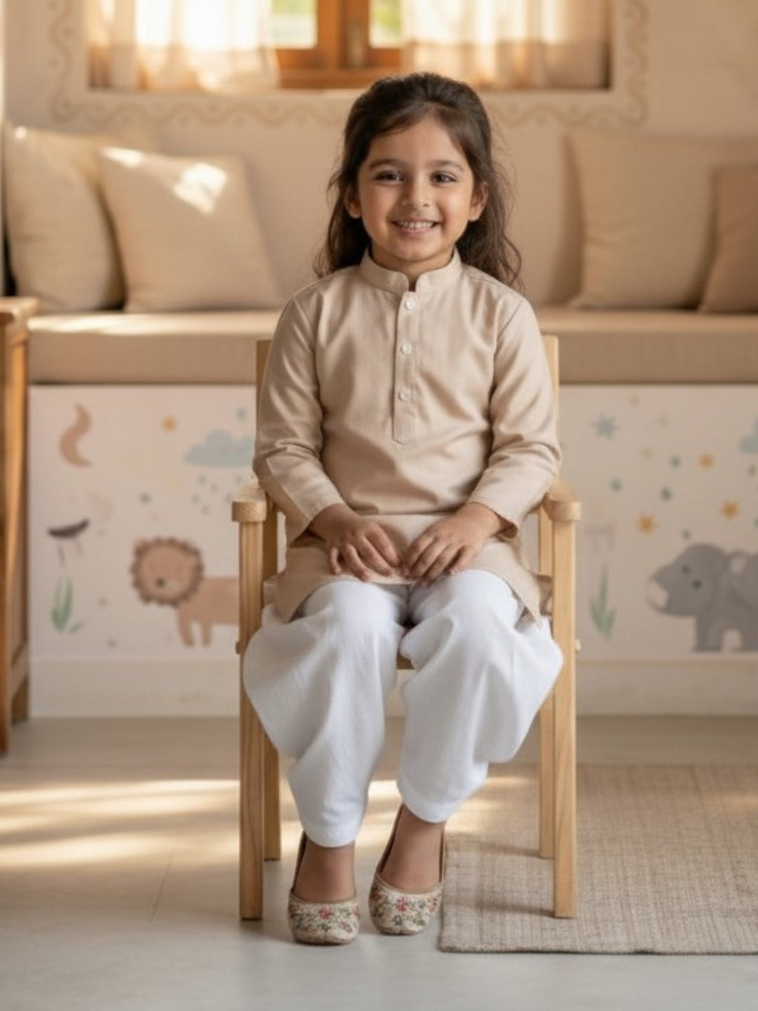 Girls' Beige Cotton Kurti Set – Solid