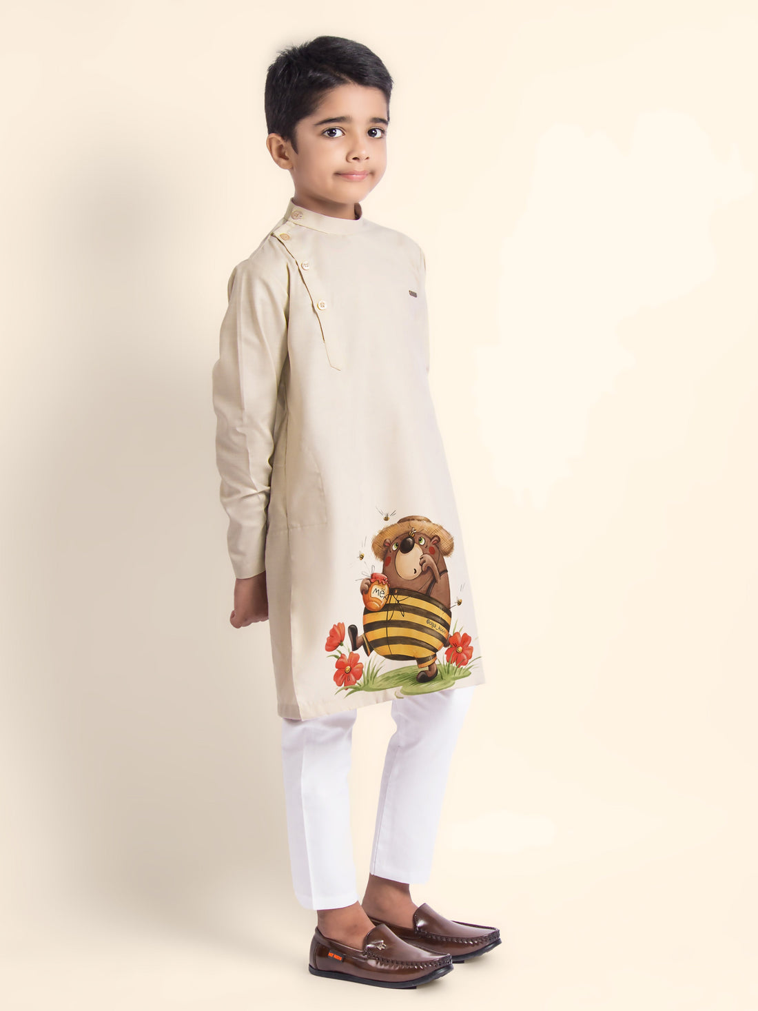 Boys' Beige Cotton Kurta & Pyjama Set – Printed