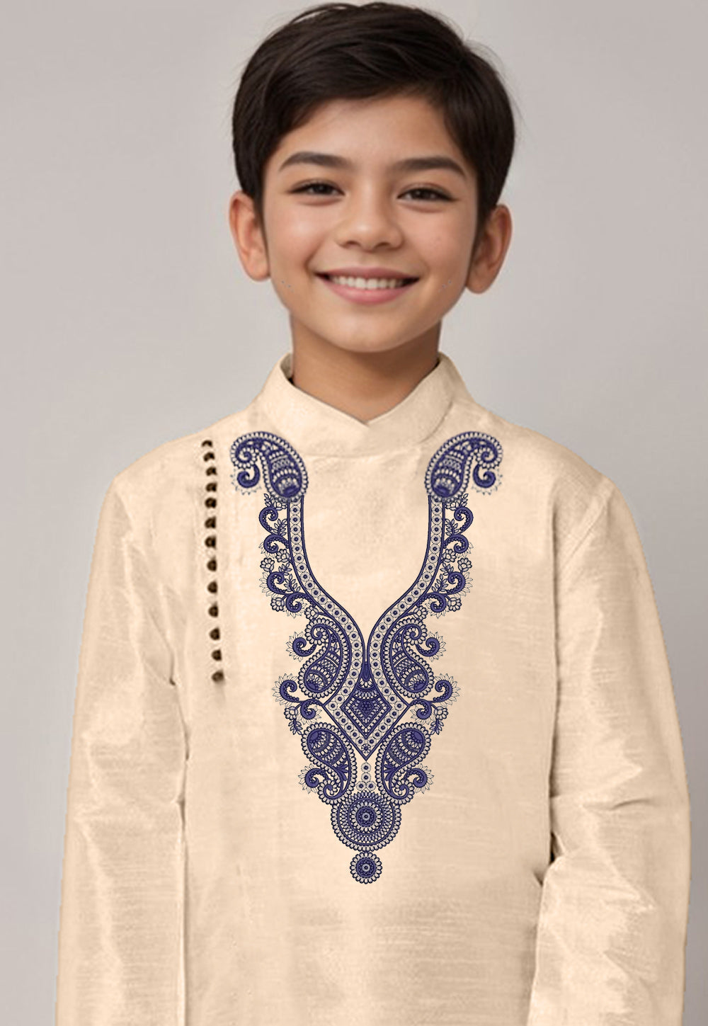 Boys' Beige Dupion Silk Kurta & Dhoti Set – Floral Print