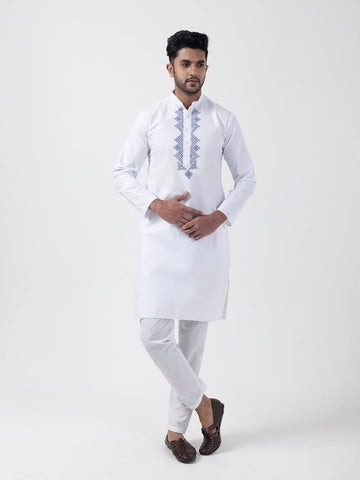 Men's White Cotton Kurta Set – Ethnic Print