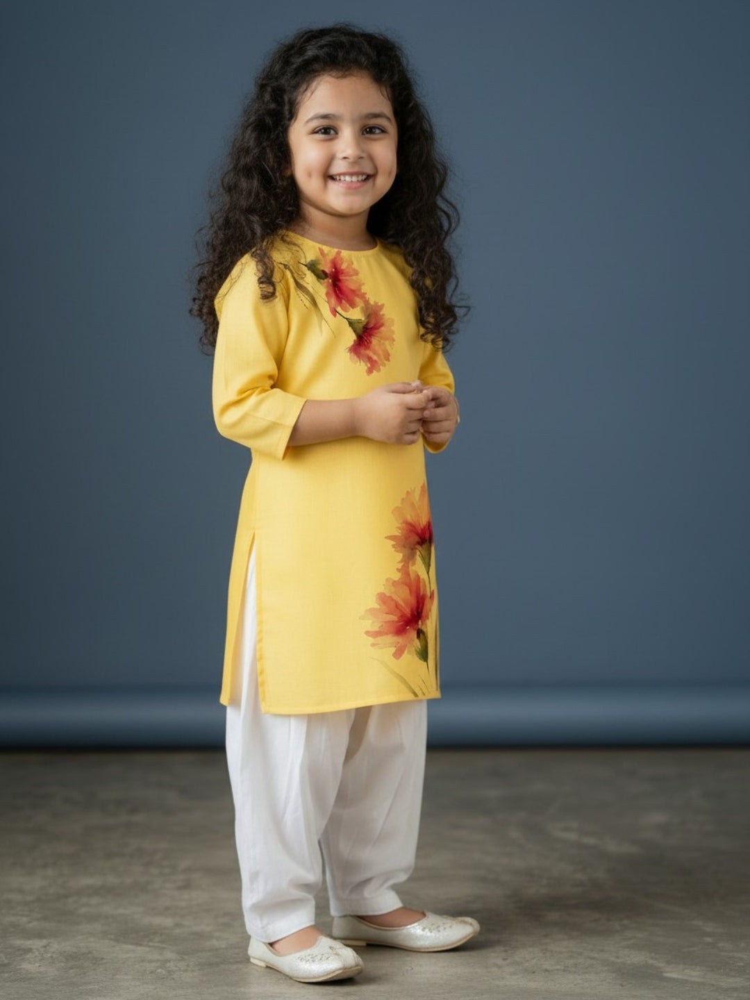 Girls' Yellow Cotton Kurti Set – Ethnic Print