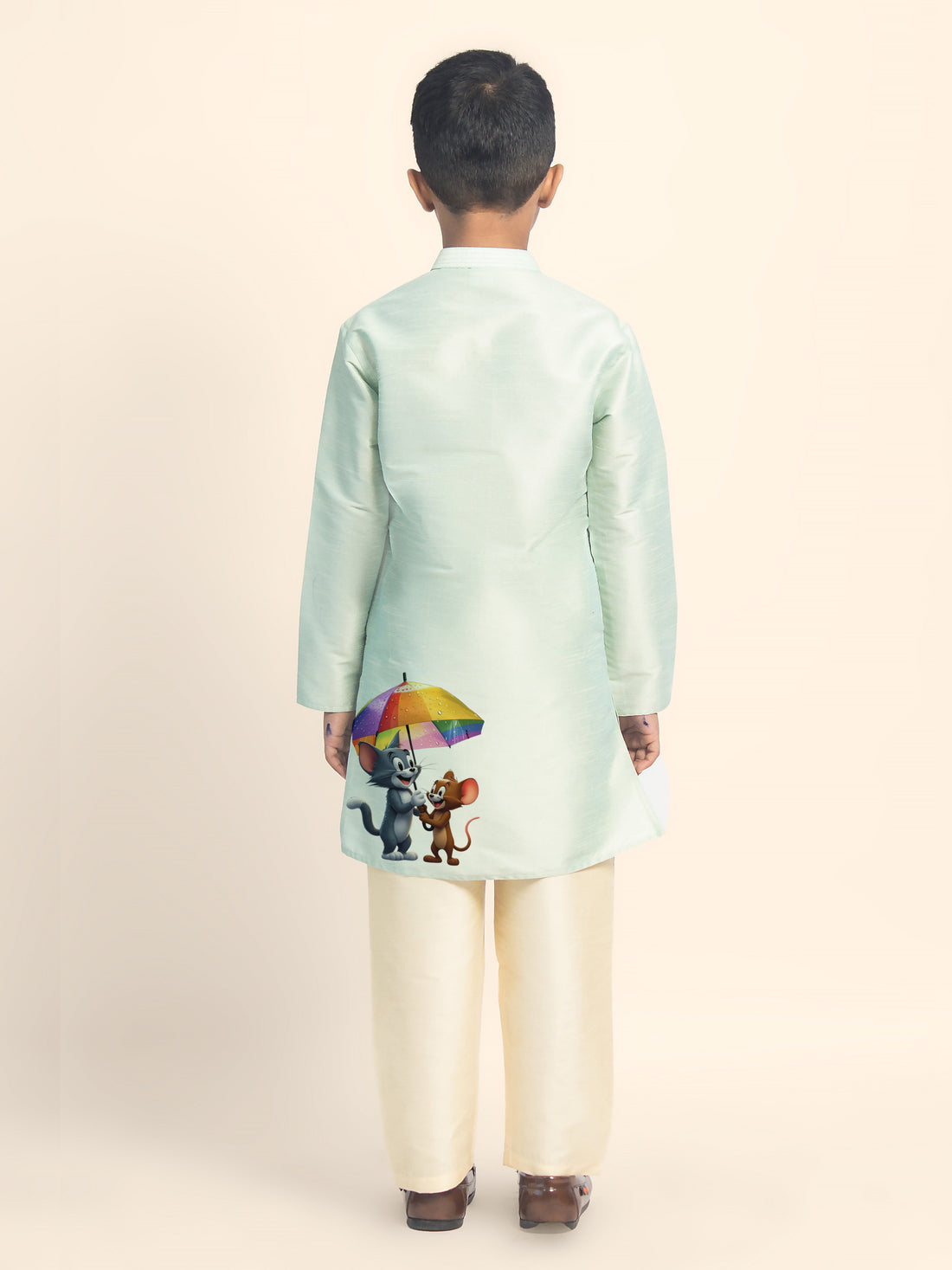 Boys' Green Dupion Silk Kurta & Beige Pyjama Set – Printed