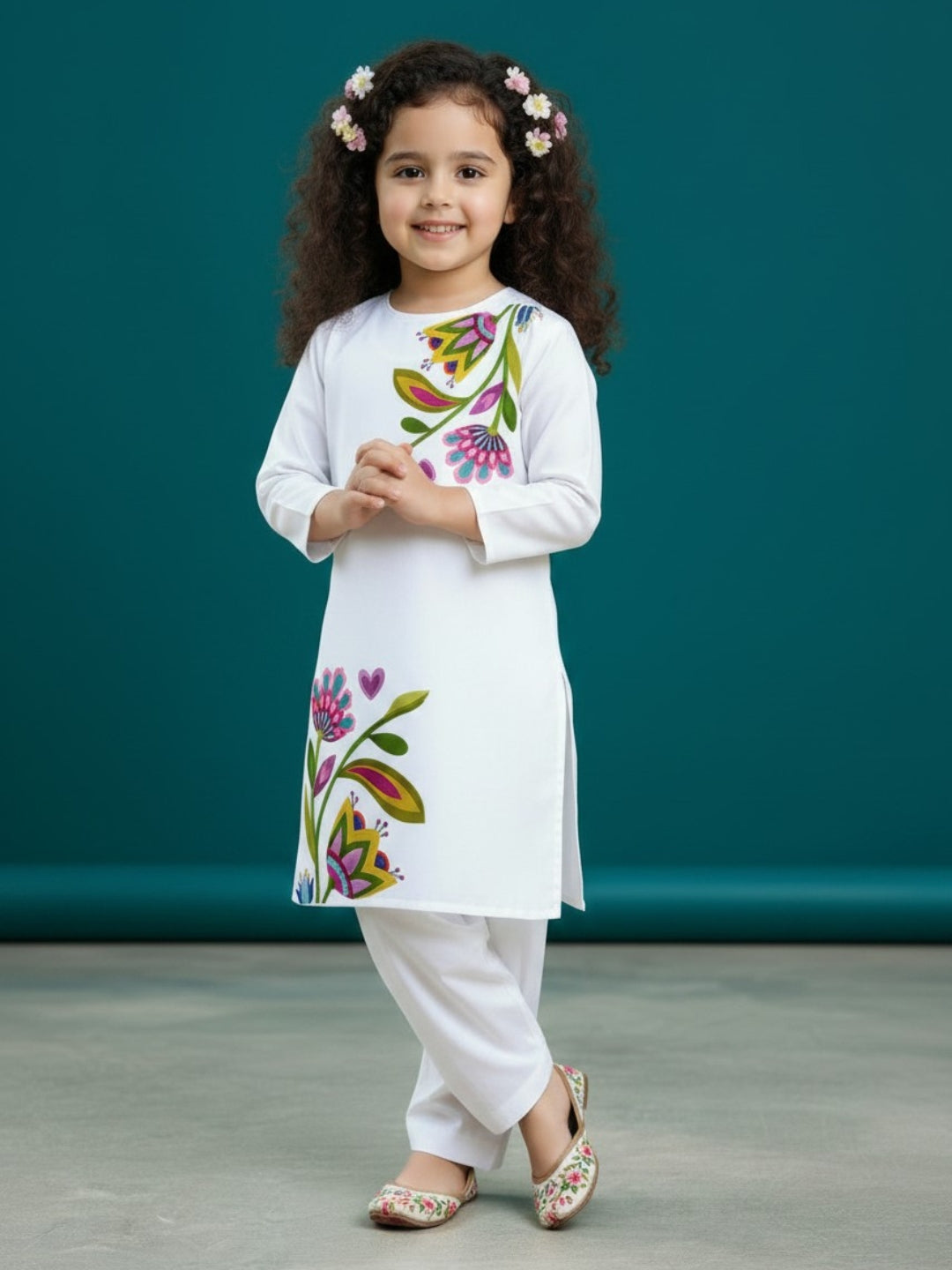 Girls' White Cotton Kurti Set – Ethnic Print