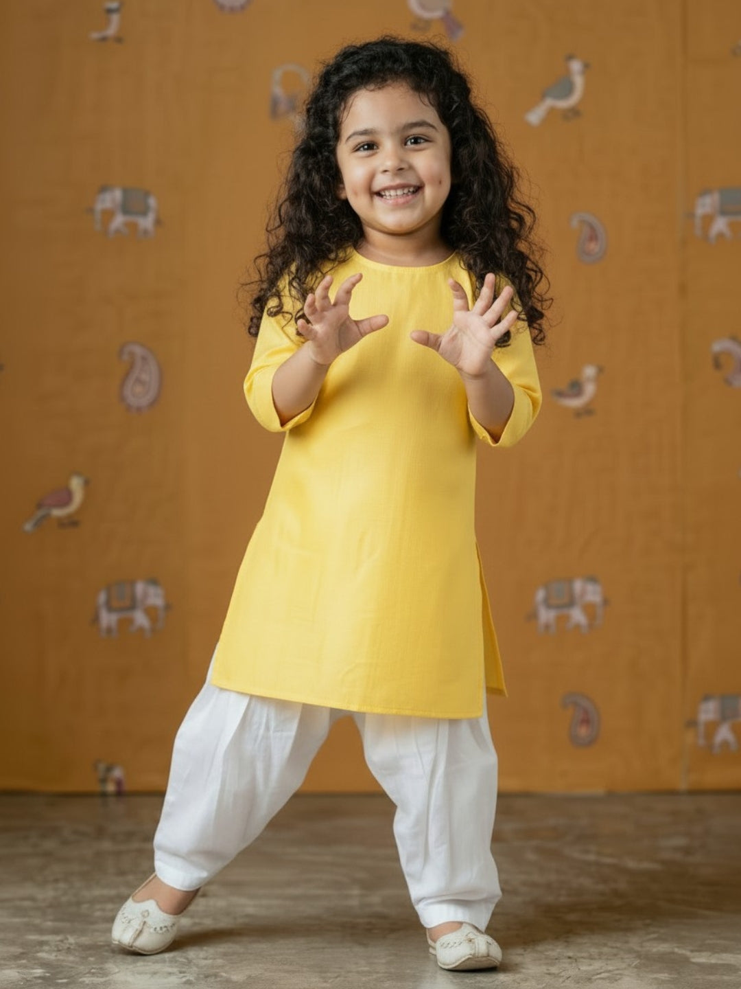 Girls' Yellow Cotton Kurti Set – Solid