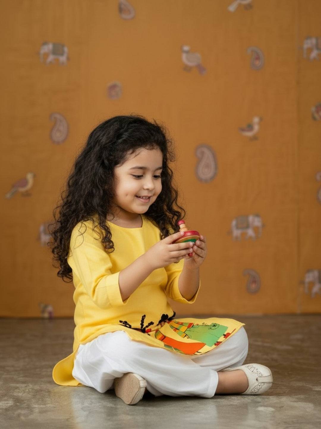Girls' Yellow Cotton Kurti Set – Ethnic Print