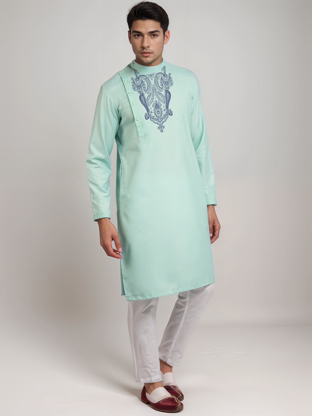 Men's Green Cotton Kurta Set – Ethnic Print & Side Placket