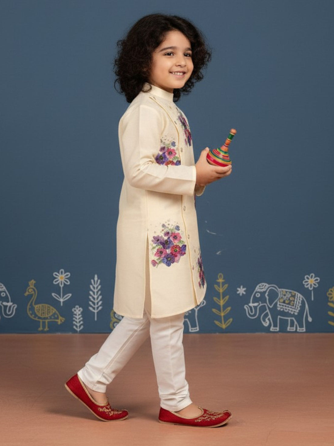 Boys' Beige Art Silk Kurta Set – Ethnic Print