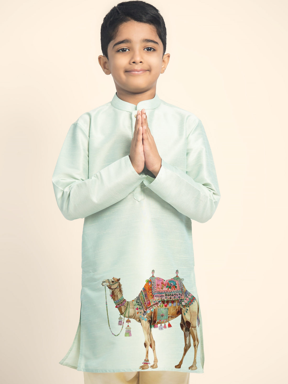 Boys' Green Dupion Silk Kurta & Beige Pyjama Set – Printed