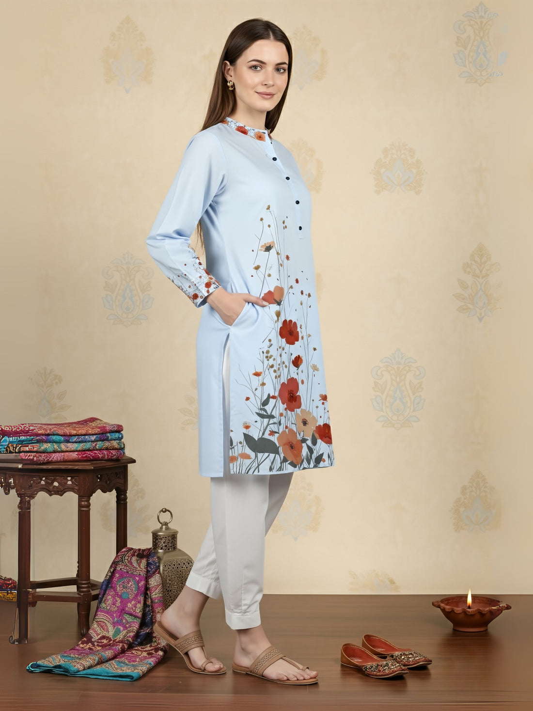 Women's Sky Blue Cotton Kurti Set – Ethnic Print