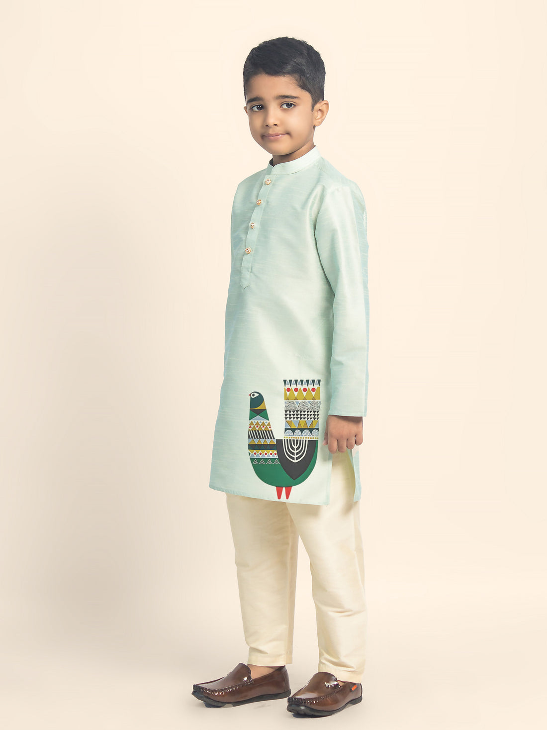 Boys' Green Dupion Silk Kurta & Beige Pyjama Set – Printed