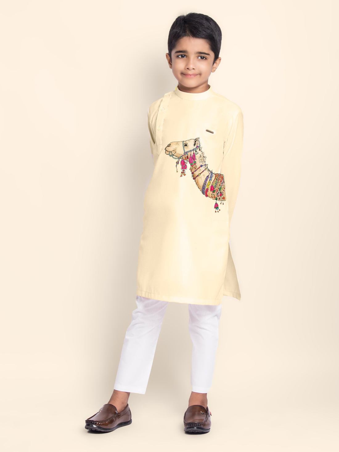 Boys' Beige Cotton Kurta Set – Printed