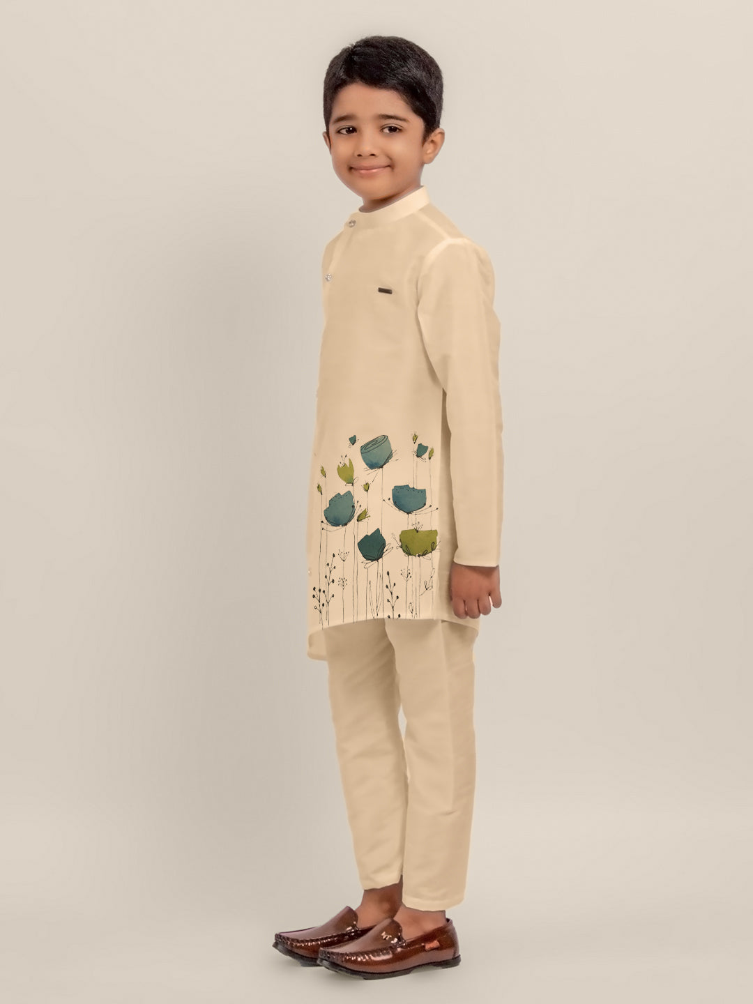 Boys' Beige Dupion Silk Kurta – Printed