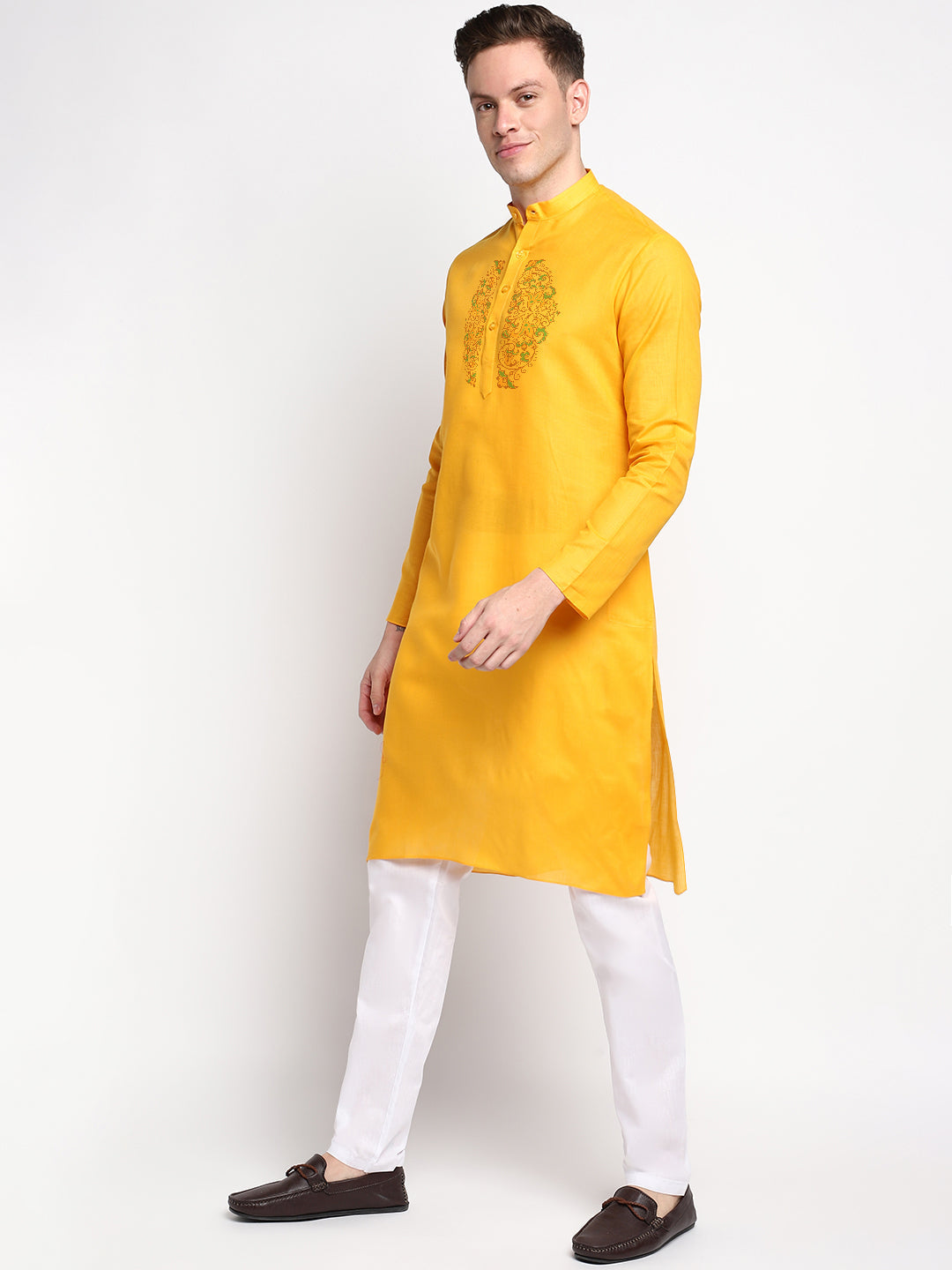 Men's Yellow Cotton Kurta Set – Ethnic Print