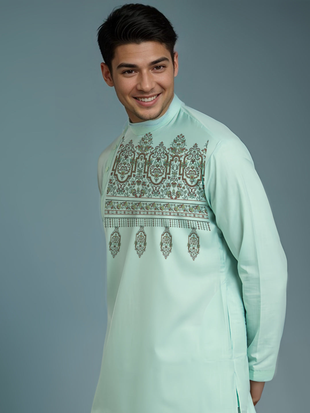 Men's Green Cotton Kurta Set – Ethnic Print & Side Placket