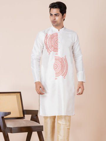 Men's White Art Silk Kurta Set – Printed
