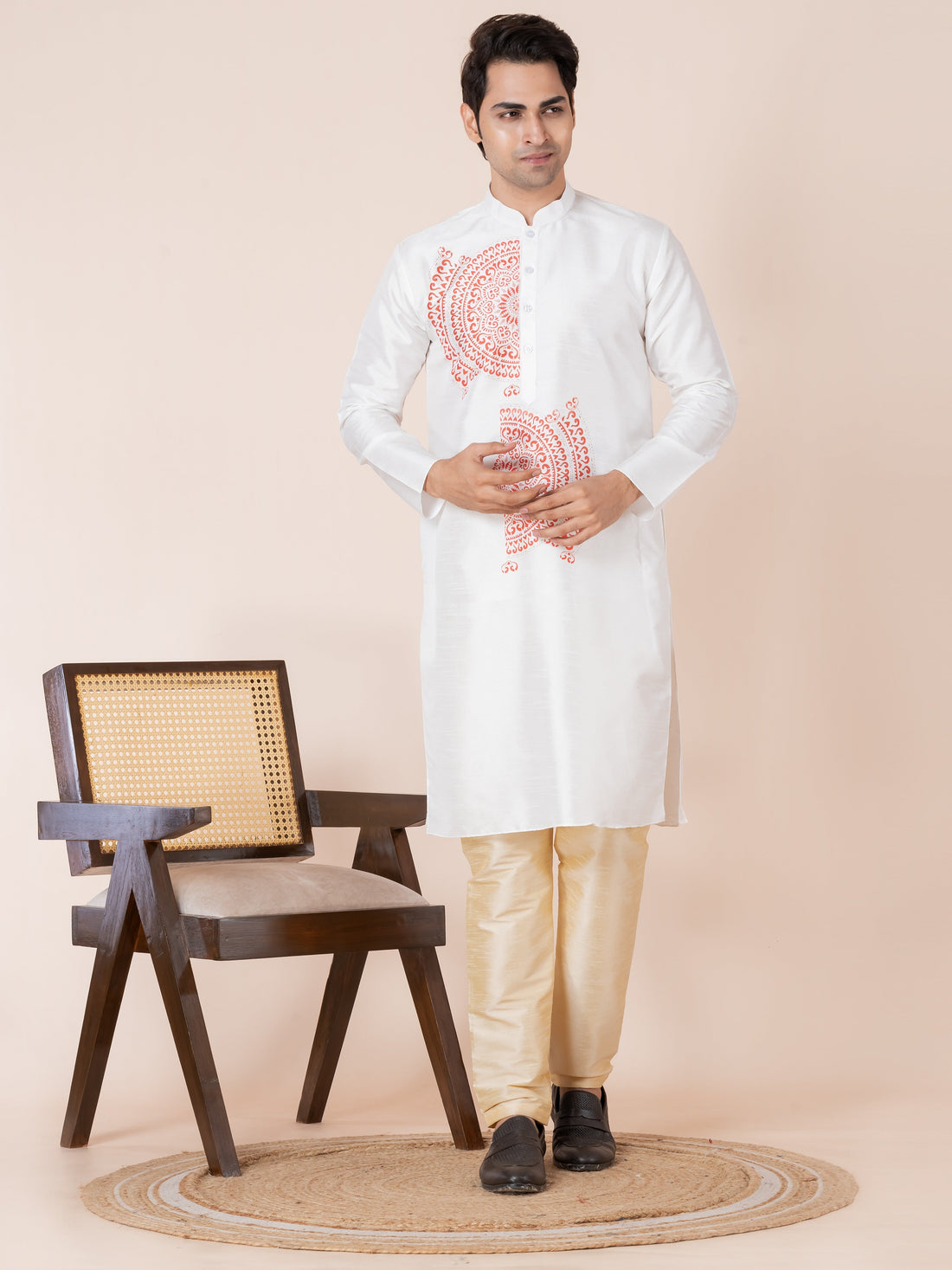 Men's White Art Silk Kurta Set – Printed