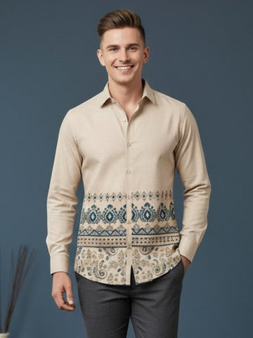 Men's Beige Cotton Shirt – Ethnic Print