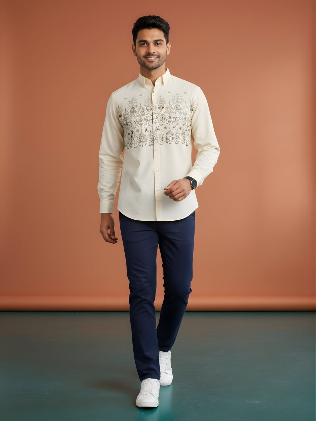 Men's Beige Cotton Shirt – Ethnic Print