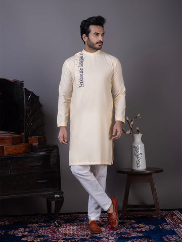 Men's Beige Cotton Kurta Set – Ethnic Print & Side Placket