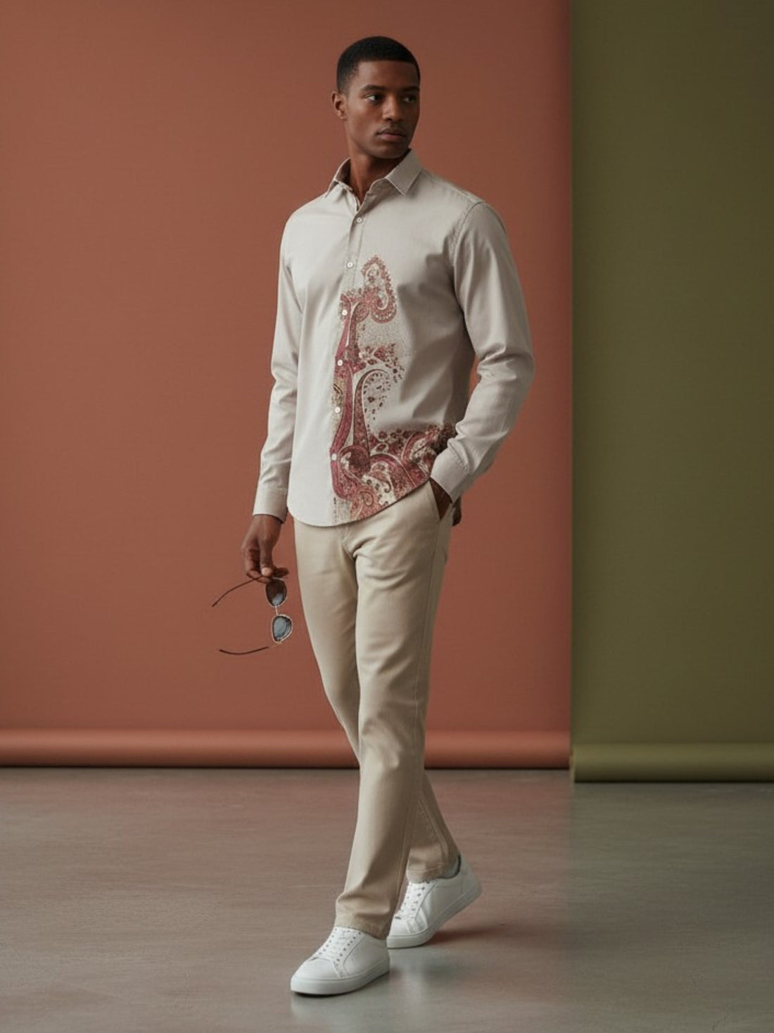 Men's Beige Cotton Shirt – Ethnic Print