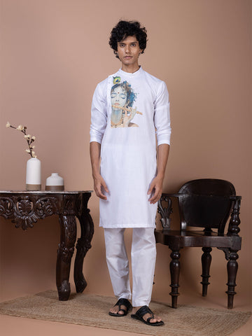 Men's White Cotton Kurta Set – Lord Krishna Print & Side Placket