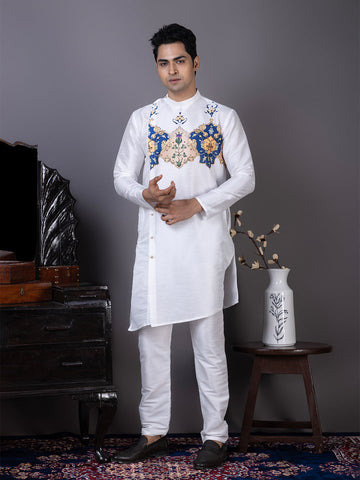 Men's White Art Silk Kurta Set – Ethnic Print