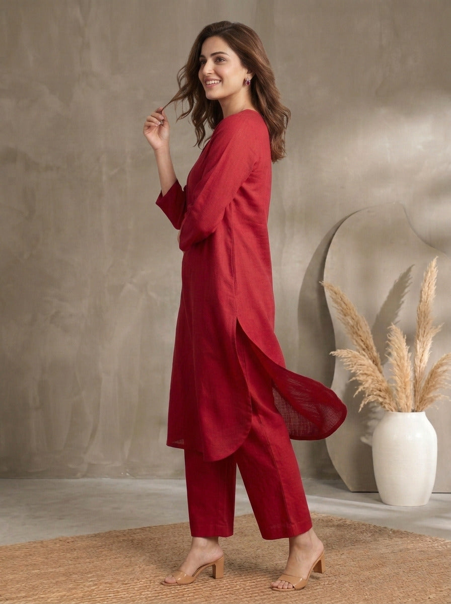 Women's Maroon Cotton Linen Kurta & Palazzo Set
