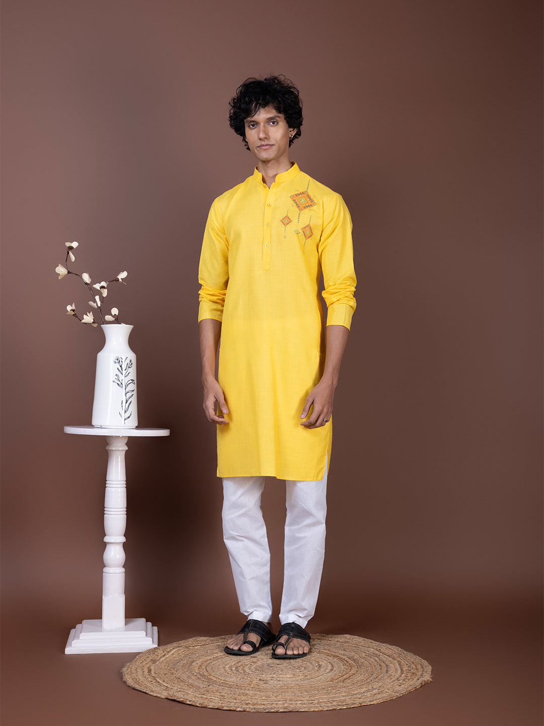 Men's Yellow Cotton Kurta Set – Ethnic Print